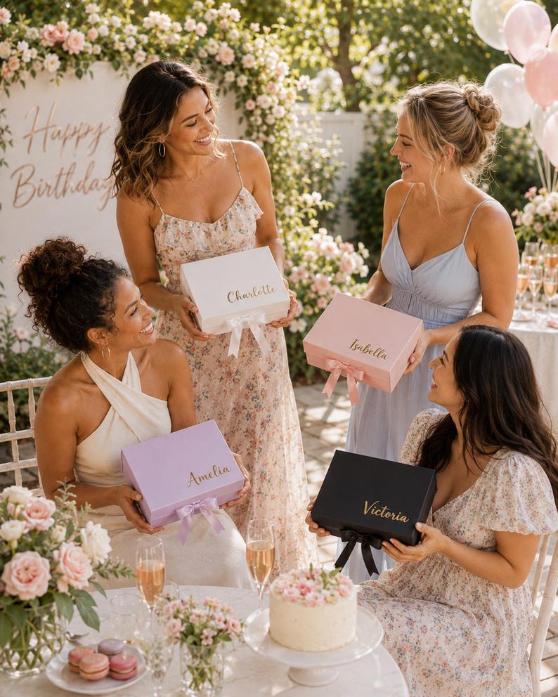 May include: Four women holding personalized gift boxes in white, pink, lavender, and black. Each box has a name in gold script and a matching ribbon. The scene is set outdoors with floral decorations and a "Happy Birthday" sign.