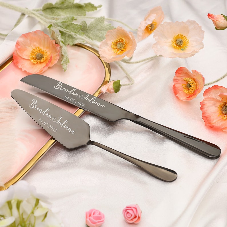 Personalized Colorful Engraved Gold Cake Knife & Server Set Cake Cutter Cutting Set Custom Wedding Cake Serving Set Wedding Cake Knife Black