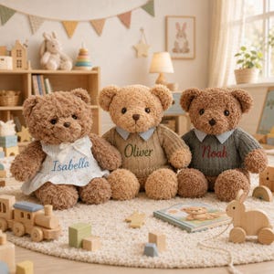 May include: Three plush teddy bears sitting in a row. The left bear wears a white floral dress with the name Isabella embroidered in blue. The middle bear wears a tan sweater with Oliver in green. The right bear wears a dark gray sweater with Noah in red.