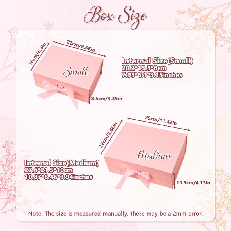 May include: Pink gift boxes labeled "Small" and "Medium" with dimensions in inches and centimeters. The "Small" box is 8.66 inches wide, and the "Medium" box is 11.42 inches wide. Each box has a matching pink ribbon.