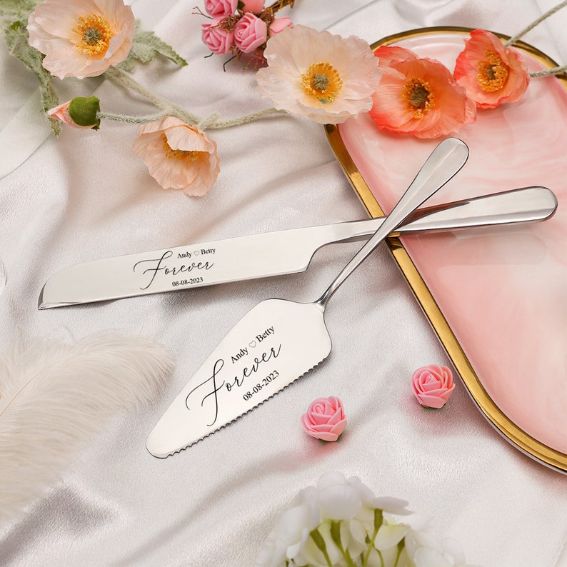 Personalized Colorful Engraved Gold Cake Knife & Server Set Cake Cutter Cutting Set Custom Wedding Cake Serving Set Wedding Cake Knife image 1