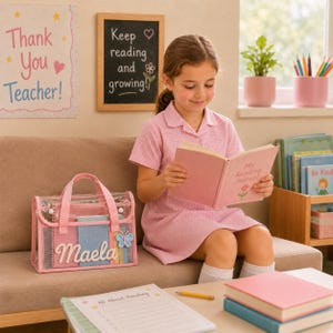 May include: A clear plastic tote bag with pink trim and handles, featuring the name Maela in white script and a blue butterfly applique. Inside the bag are notebooks and stationery. The bag sits on a sofa next to a reading journal and papers.