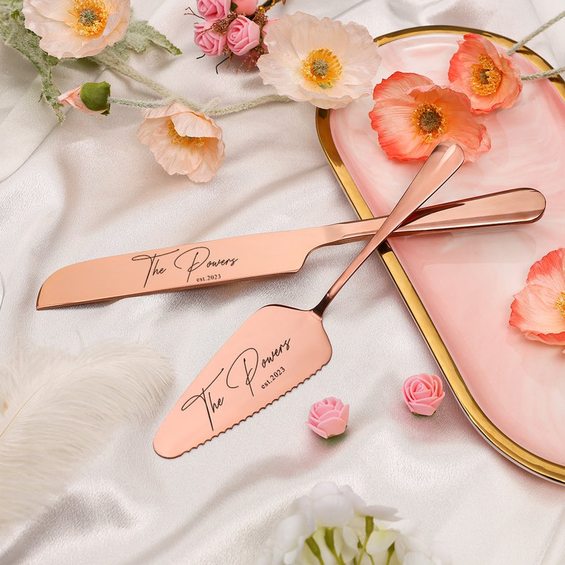 Personalized Colorful Engraved Gold Cake Knife & Server Set Cake Cutter Cutting Set Custom Wedding Cake Serving Set Wedding Cake Knife Rose gold