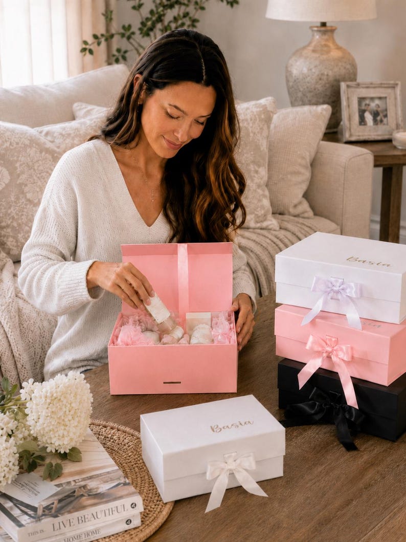 May include: A woman opening a pink gift box filled with white items. Several other gift boxes are stacked nearby, in white, pink, and black, each with a ribbon. The boxes have the word "Basta" printed on them.