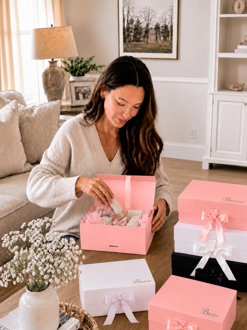 May include: A woman opening a pink gift box with a ribbon. Several other boxes are stacked nearby, in pink, white, and black, each with a ribbon and the name "Basia" printed on them. The boxes are on a wooden table.