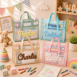 May include: Four rectangular transparent mesh bags with fabric handles and white snap closures. Each bag features a personalised name in raised script lettering: Peadar in yellow, Delilah in blue, Charlie in brown, and Maela in white.