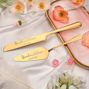 Personalized Colorful Engraved Gold Cake Knife & Server Set Cake Cutter Cutting Set Custom Wedding Cake Serving Set Wedding Cake Knife Gold