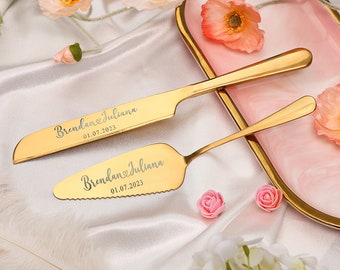 Benutzerdefiniertes Hochzeitstorten-Servierset mit Gravur, Kuchenschneider, Schneideset, Hochzeitstortenmesser, modernes, graviertes Gold-Kuchenmesser und Server-Set