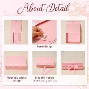 May include: Pink gift boxes with various features are shown, including a magnetic buckle design and a free silk ribbon. The image also highlights the paste design of the box. The text "About Detail" is at the top.