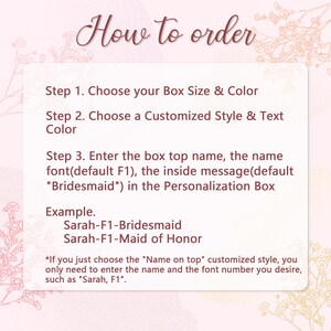 May include: A guide titled "How to order" with instructions for customizing a product. The steps include choosing box size and color, style and text color, and entering details in the personalization box. Examples are provided.