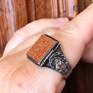 GOLDSTONE Western HORSESHOE RING, Vintage Silver Horse Ring, Western Jewelry, Copper Oxide Goldstone, Reddish Brown, Men&#39;s Size 12-1/4