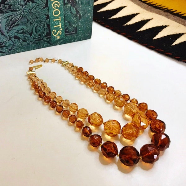 28.95 WESTERN GERMANY BEAD NeCKLaCE, FaCeTed, RooT beer AmBer CoLoreD FaCeTed BeAD ChoKer, ViNTage CoSTume JeWeLry