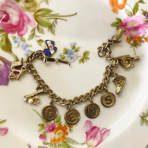 Vintage Baby Charm Bracelet: Stork, Shoe, Carriage, Graduation Charms