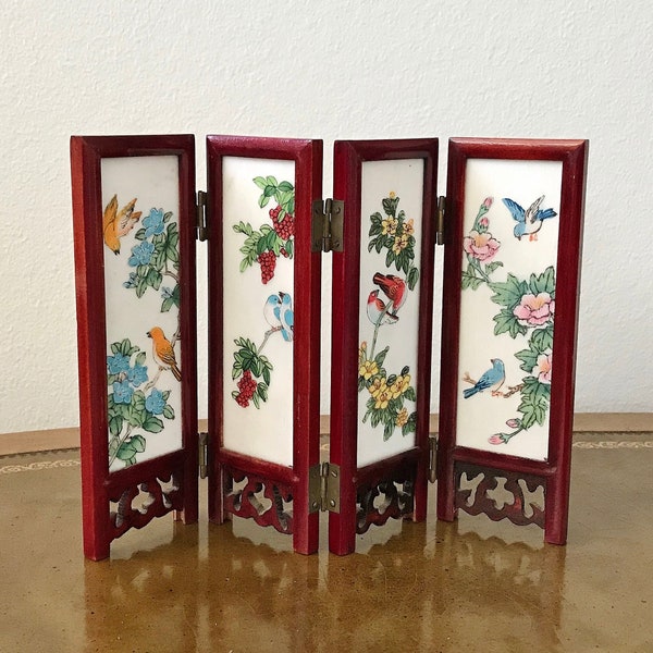 MINIATURE JapaNesE FOLDING SCREEN, Rosewood and Marble, Folding 4 PaneL Hinged Screen, Carved Fretwork, Hand Painted Flower Birds, mountains