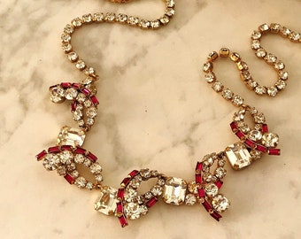 COLLANA CON STRASS ROSSI e TRASPARENTI, Bigiotteria Vintage, 5 maglie ad anello con strass, Gioielli per occasioni speciali, Ballo di fine anno, Capodanno