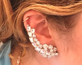 RHINESTONE EAR CLIMBER EaRRings, ViNTage Costume Jewelry, 1950's Clip EarrinGs, Rhodium Plate, Special Occasion, Wedding, Prom, 2"