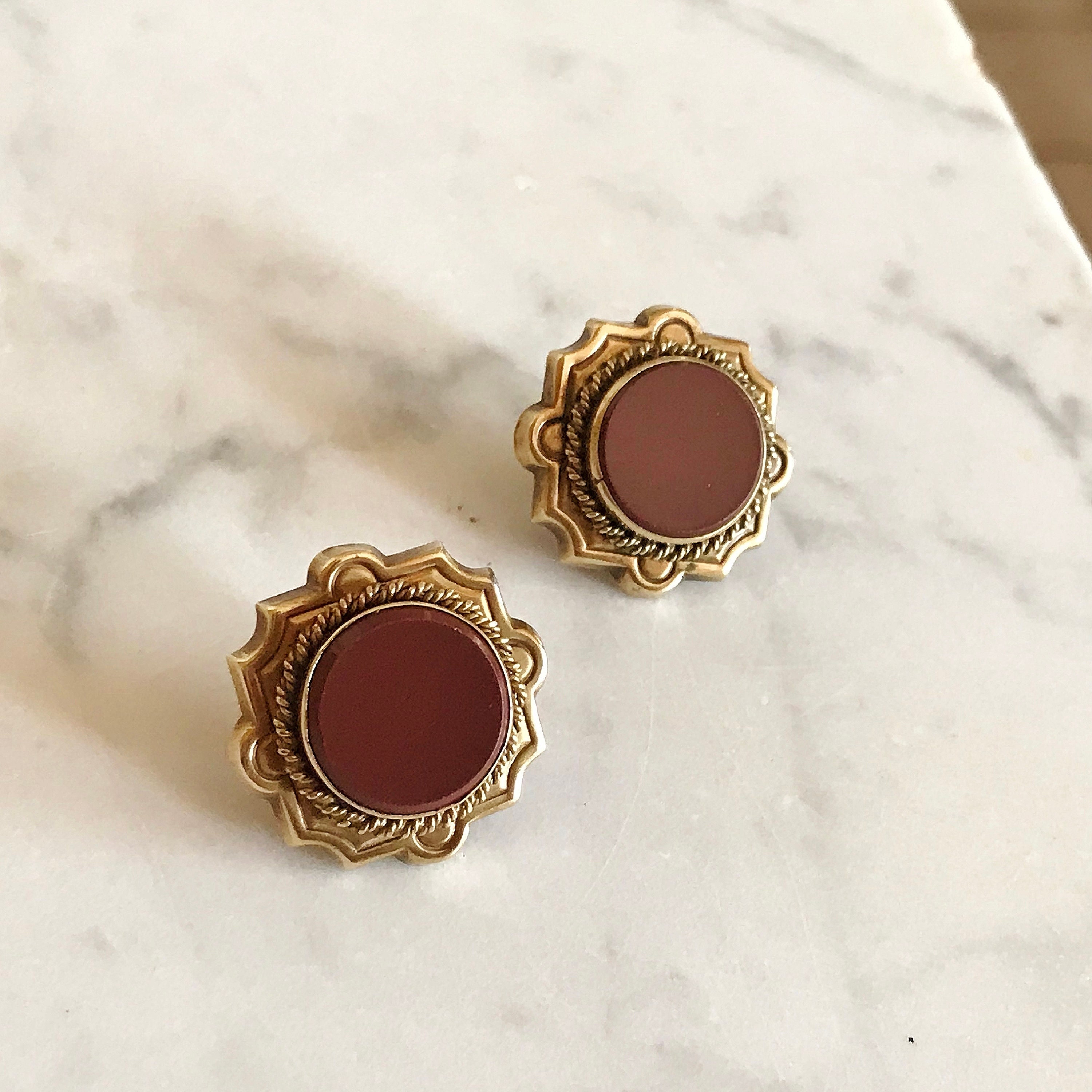 Paire De Boutons De Manchettes Dorés à Pierres Marron - Vintage, Très Bon État