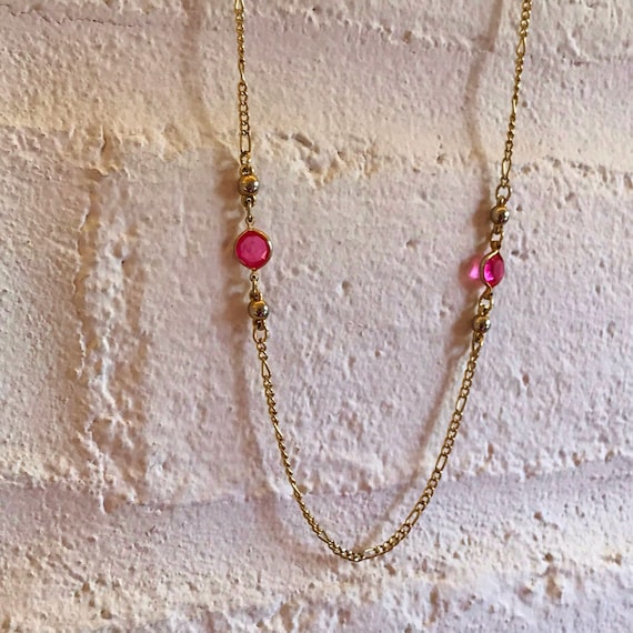 Chain Necklace with PINK STONES, VinTage Gold ton… - image 4