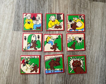 SEE-QUEES PUZZLEPIECES, von Judy, 9 quadratische Puzzleteile, The Gingerbread Man Story, Kinderspielzeug, süße Grafiken, 50er Jahre Mid Century Spielzeug