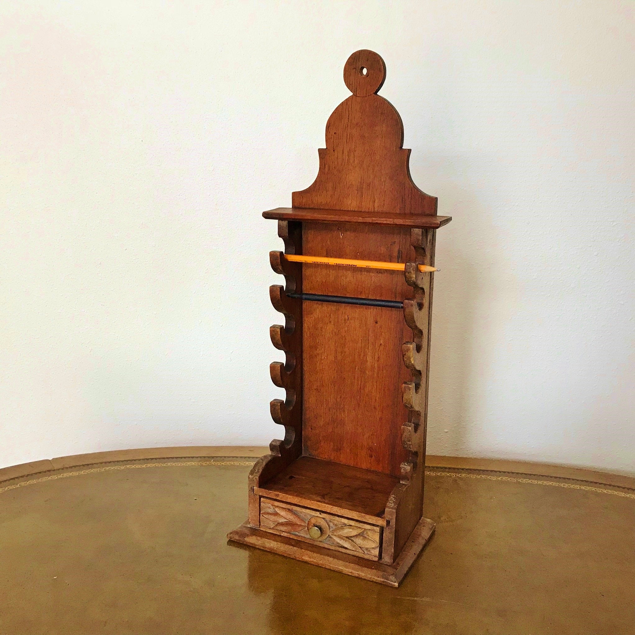 Hanging PIPE RACK, Antique Wood Caddy 6 Slots, Drawer, Lollipop Carved ...