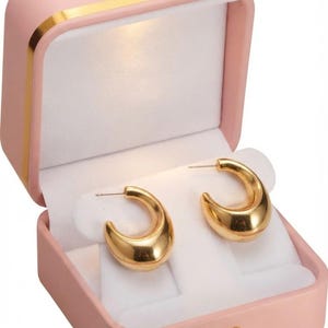 May include: A pair of polished gold-tone hoop earrings with a thick, rounded profile. The earrings are displayed inside an open, light pink rectangular jewelry box featuring a white interior lining and a small gold-colored latch on the front.