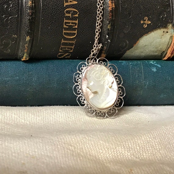 STeRLiNG Mother of Pearl CAMEO Brooch PENDANT, Ca… - image 5
