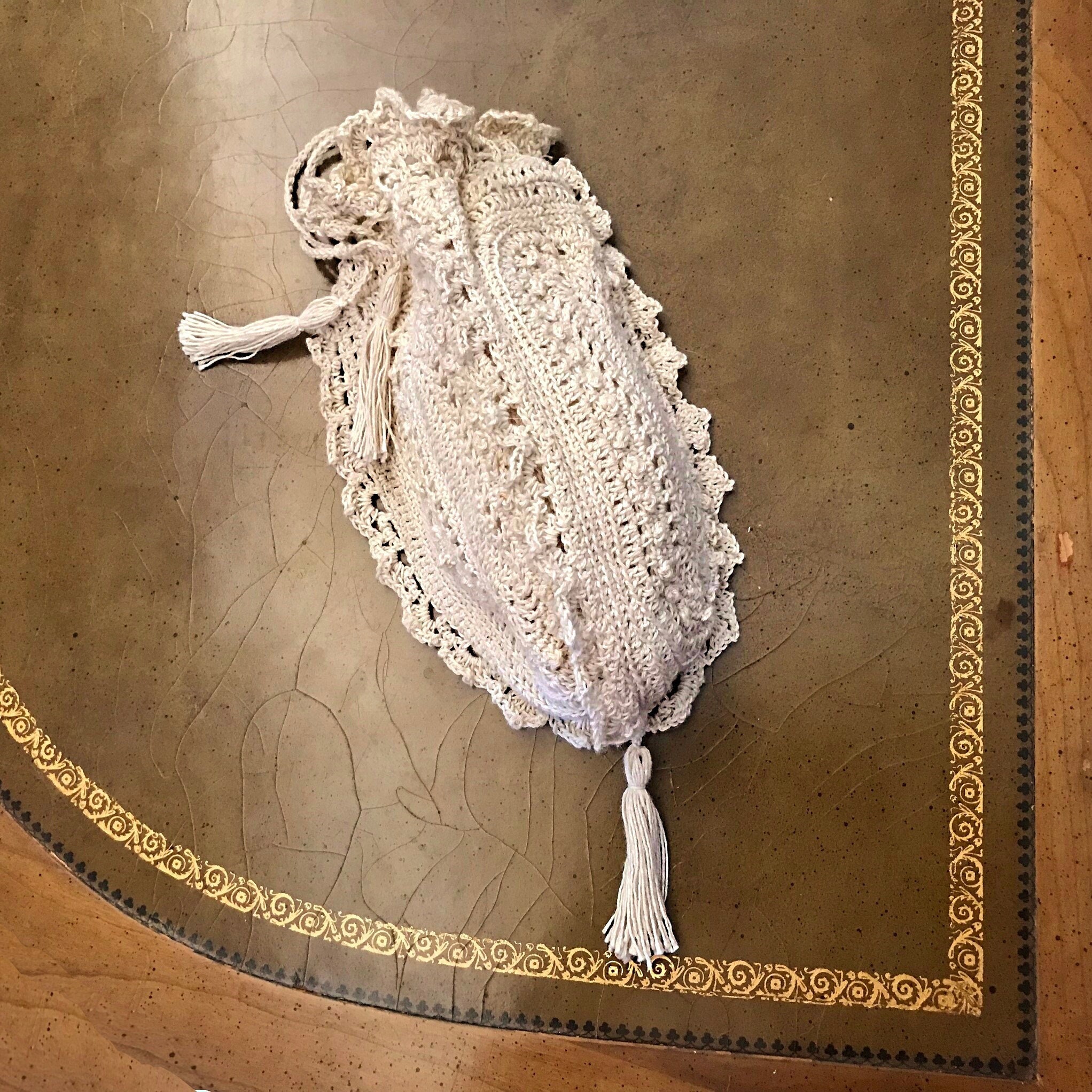 CROCHET RETICULE PURSE, Vintage 1940s Ecru Ladies Purse, Cotton Crochet ...