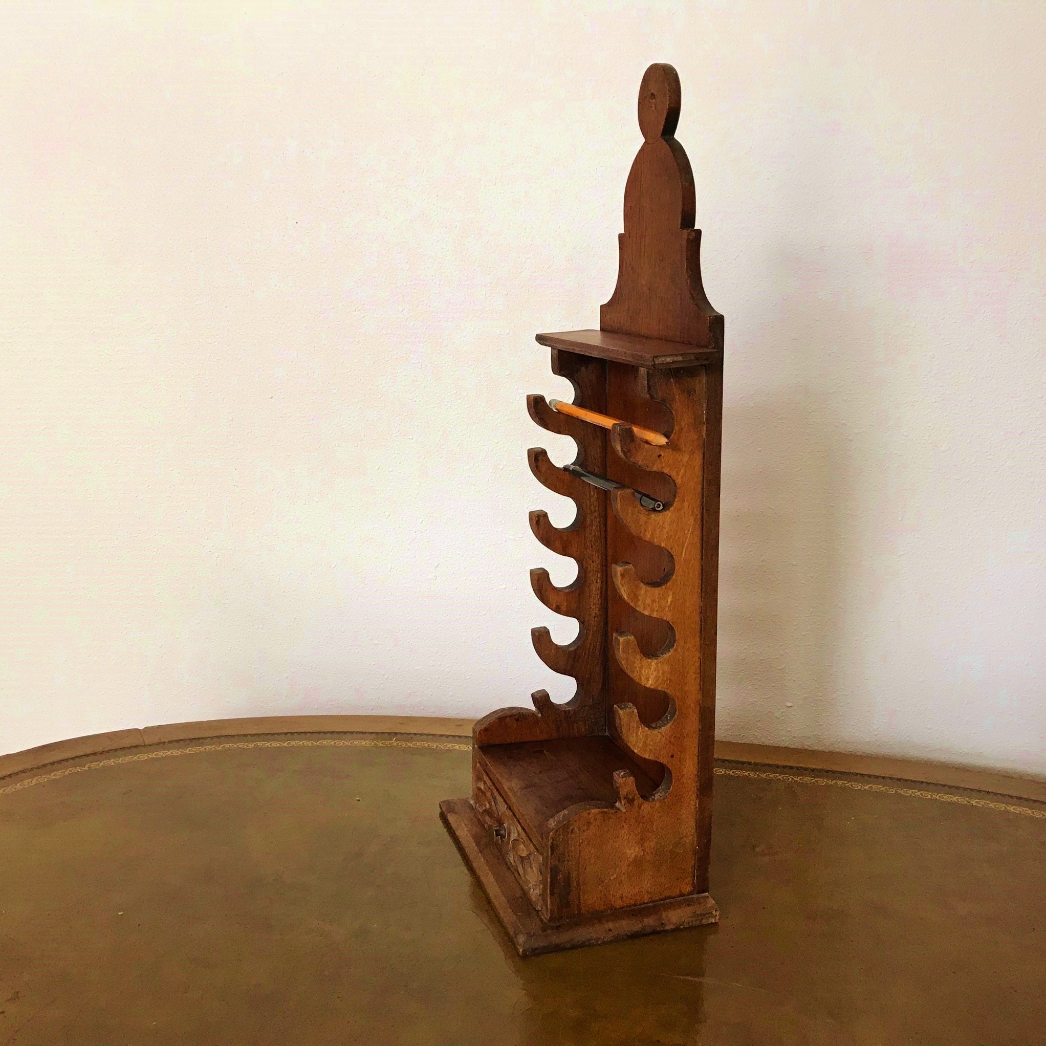 Hanging PIPE RACK, Antique Wood Caddy 6 Slots, Drawer, Lollipop Carved ...