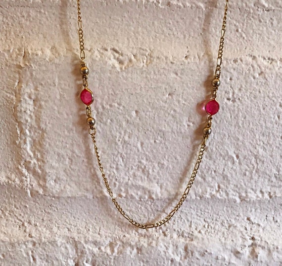 Chain Necklace with PINK STONES, VinTage Gold ton… - image 5