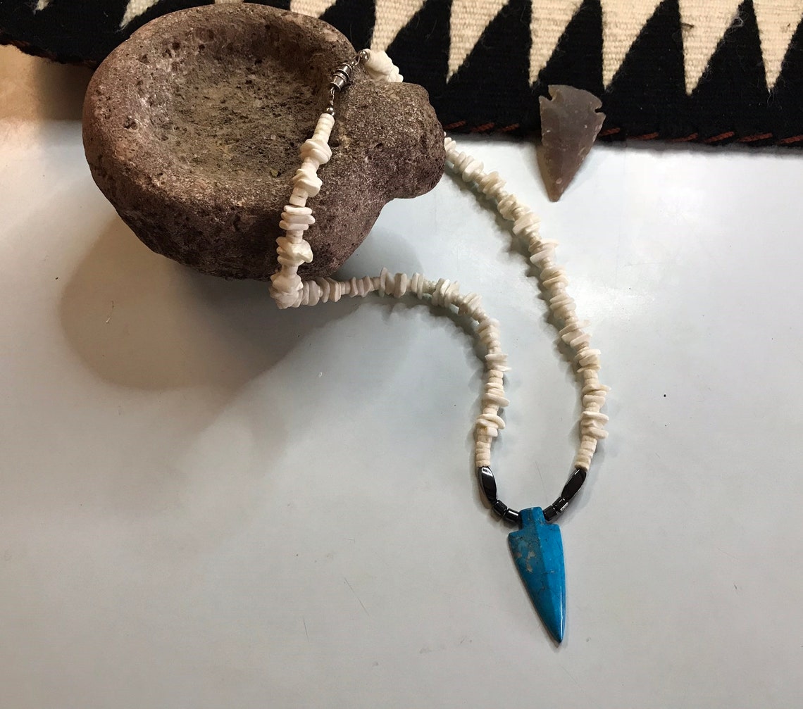 White Shell Arrow Head BLUE ARROWHEAD NECKLACE, White Shell Beads and Blue Howlite, Hematite ...
