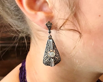 STERLING MARCASITE EARRINGS, ArT DecO MothER of Pearl EaRRings, SpEciaL OccAsion Fancy Jewelry, WhiTe and Silver, WeDDing EaRRings