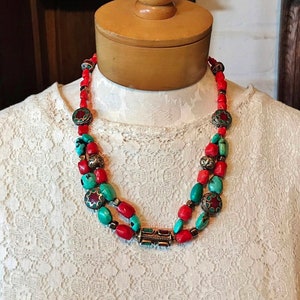 TiBETAN CORAL TURQUOISE NECKLACE, Tibetan MoSaic BeadS, AntiQuE Brass Repousse Beads, ViNTage TriBaL Beads, Nepal Jewelry, ShanniLuJewelry