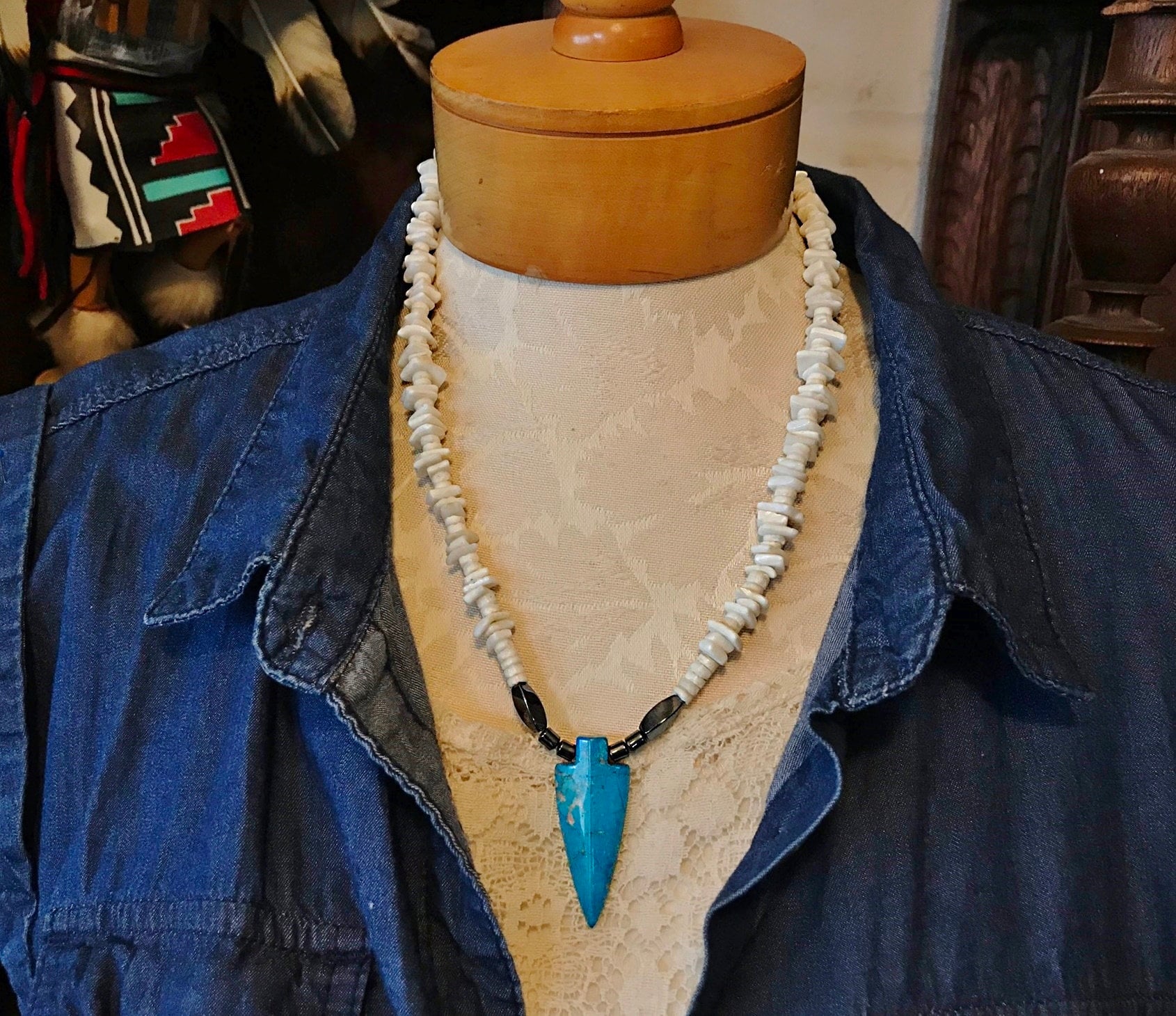 White Shell Arrow Head BLUE ARROWHEAD NECKLACE, White Shell Beads and Blue Howlite, Hematite ...