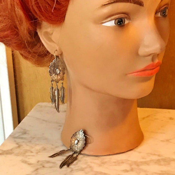 STERLING SHiELD EARRINGS, FeaTHeR DanGLes, MoonST… - image 2