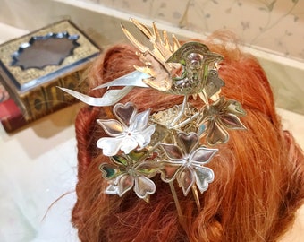 CHINESE SiLVER Bird HAIR Pin, FLowerS and Dangling tassels. HaiR Adornment PiCK AccEssory, ViNTAGE Jewelry, Bird on Spring Trembler,