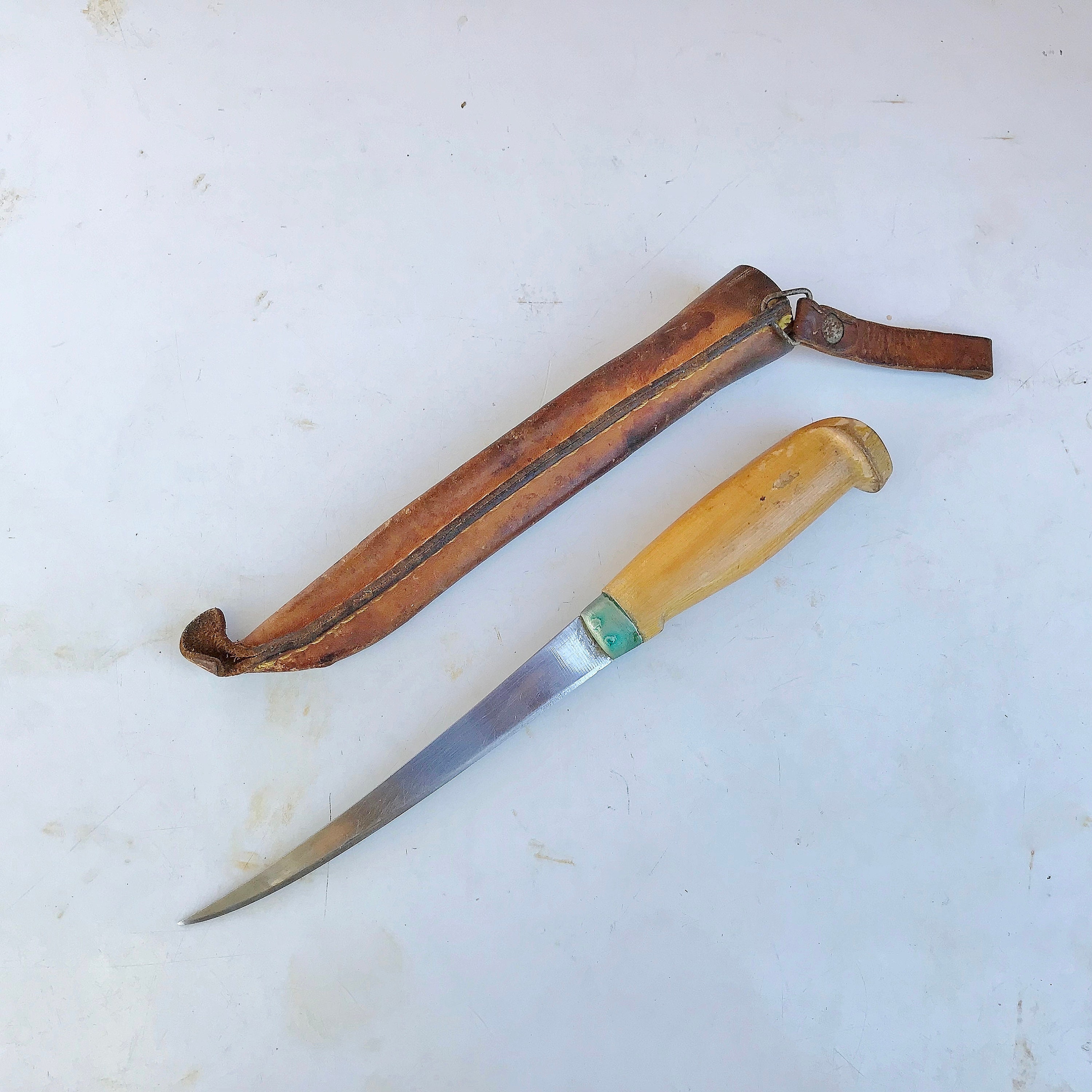 Vintage Marttiini FILLET KNIFE, Tooled Leather Sheath, J. Marttiini