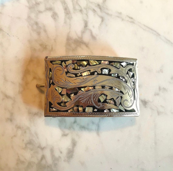 ABALONE BELT BUCKLE, ALpaca SiLver RecTangle Buck… - image 1