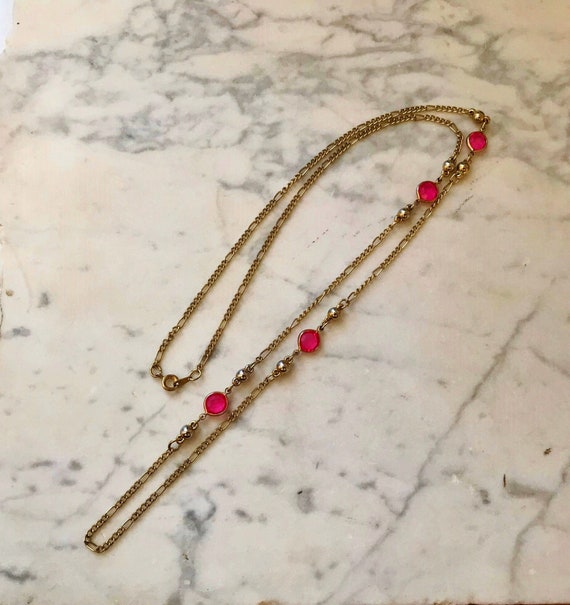 Chain Necklace with PINK STONES, VinTage Gold ton… - image 1