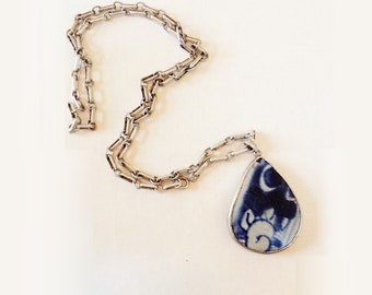 StERLING BLUE and WHITE PoTTERY Shard NECKLACE, AnTique ChiNEsE CeRaMiC Pottery JewELRY, Porcelain ShErD PendanT, ming dynasty
