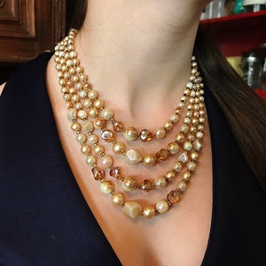 4 STRAND BEIGE Bead NECKLACE, ViNtage BeaDeD bib Drape Necklace, Iridescent GLass, pLasTiC BeadS, Japan Made, Multi-StranD, Costume Jewelry
