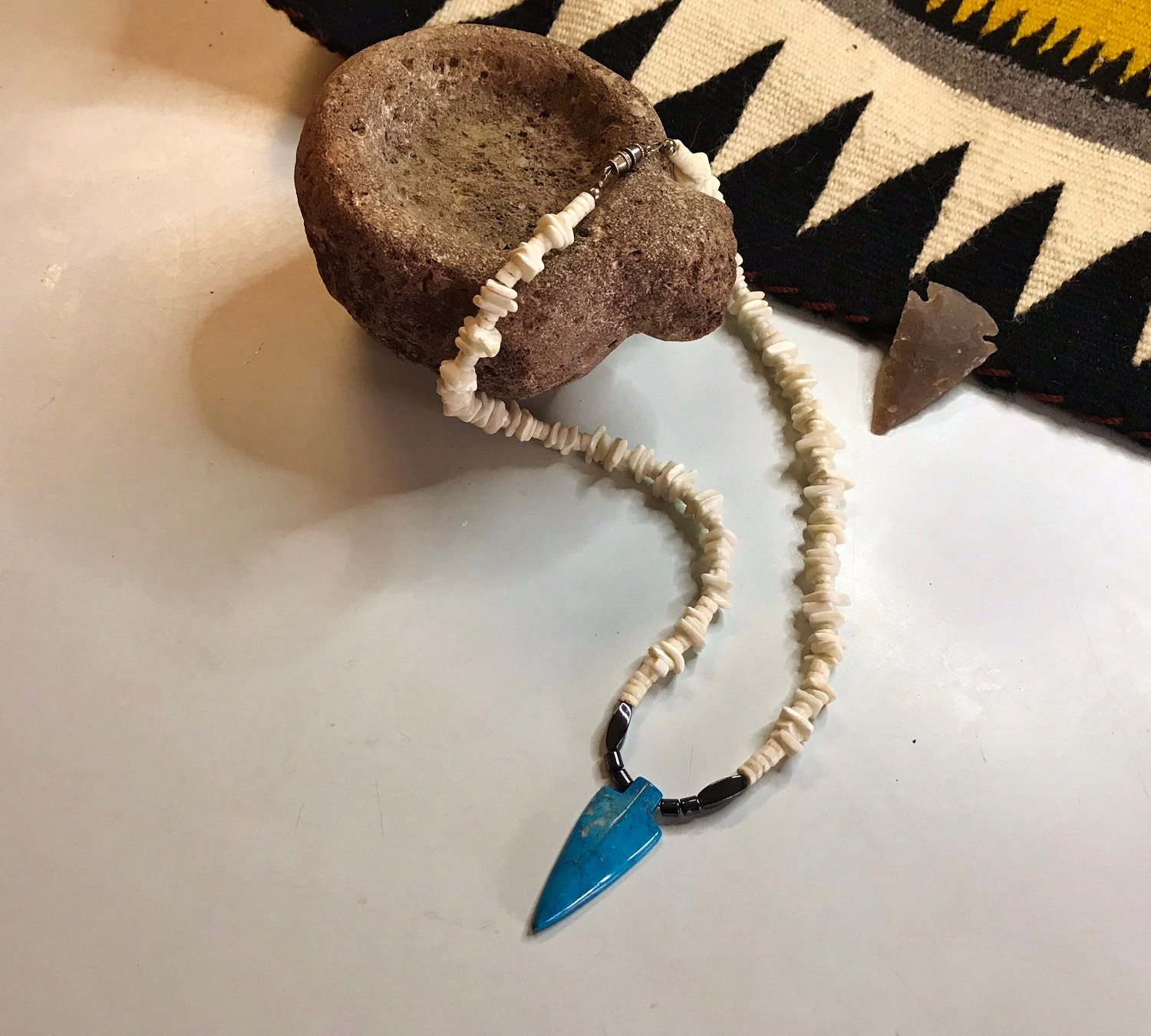 White Shell Arrow Head BLUE ARROWHEAD NECKLACE, White Shell Beads and Blue Howlite, Hematite ...