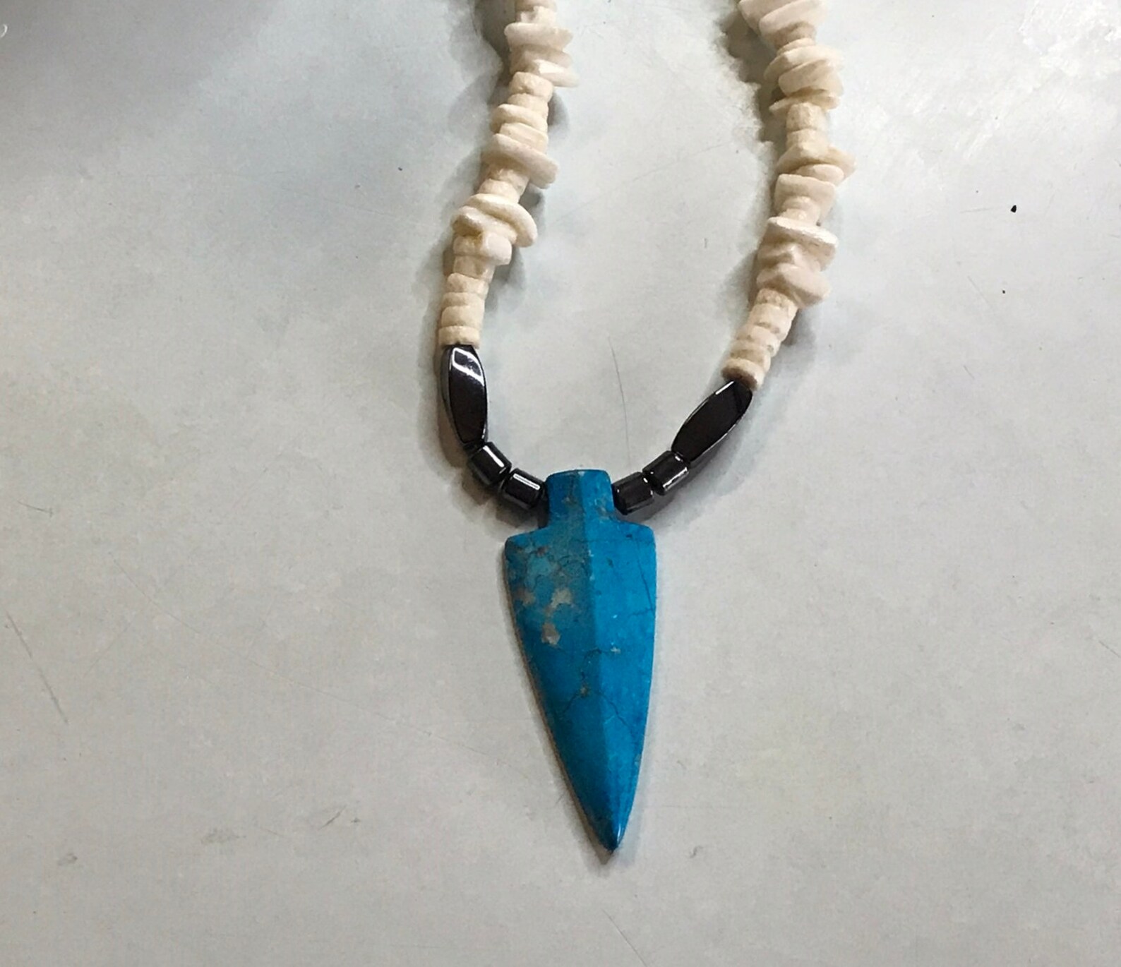 White Shell Arrow Head BLUE ARROWHEAD NECKLACE, White Shell Beads and Blue Howlite, Hematite ...