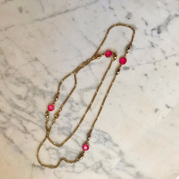 Chain Necklace with PINK STONES, VinTage Gold ton… - image 7