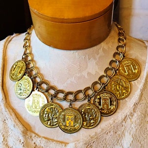 Gold COiN NeCKLACE, by REPUBLIQUE FRANCAISE, DouBLe CurB Chain NeCKLaCe, GoldToNe FauX CoiNs, VinTage CoSTuMe JeweLry, 1980, ShanniLuJewelry