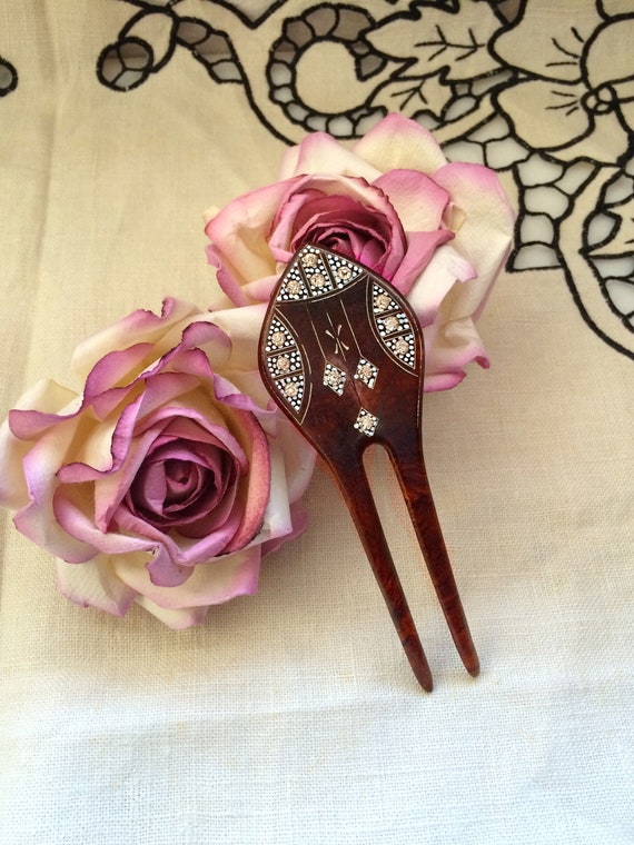 VICTORIAN Rhinestone HAIR COMB, Antique Plastic Tortoise  display picture 3