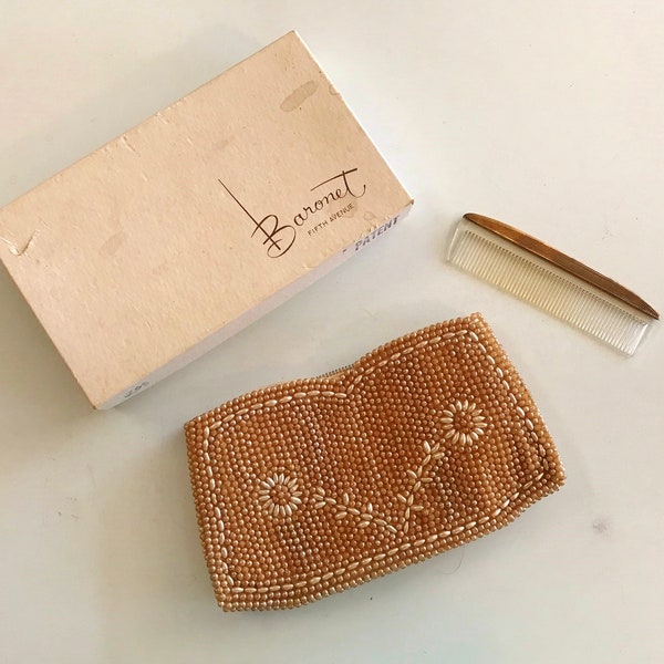 BEADED PEARL CLUTCH, BaRONET FiFTH Avenue PurSE, ViNTaGe Evening BaG, with Brass PlastiC CoMB, Women's AccESSorieS, Original Box