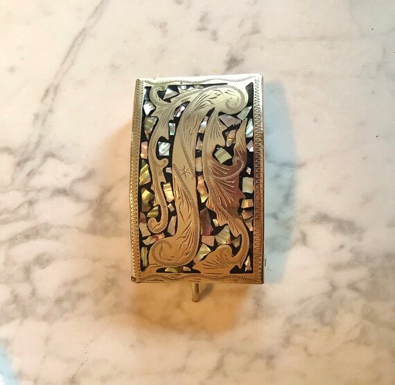 ABALONE BELT BUCKLE, ALpaca SiLver RecTangle Buck… - image 2