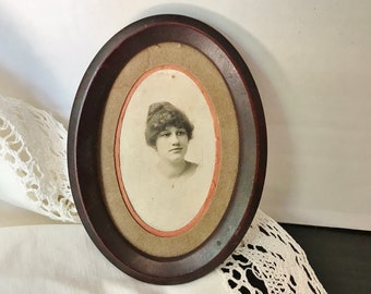 OVAL TiN PICTURE FRAME, Antique Sepia Photograph, 1900's Edwardian Lady with an updo, Oval Cut mats, 3" x 4.5", Brown PainTeD MetaL FraMe