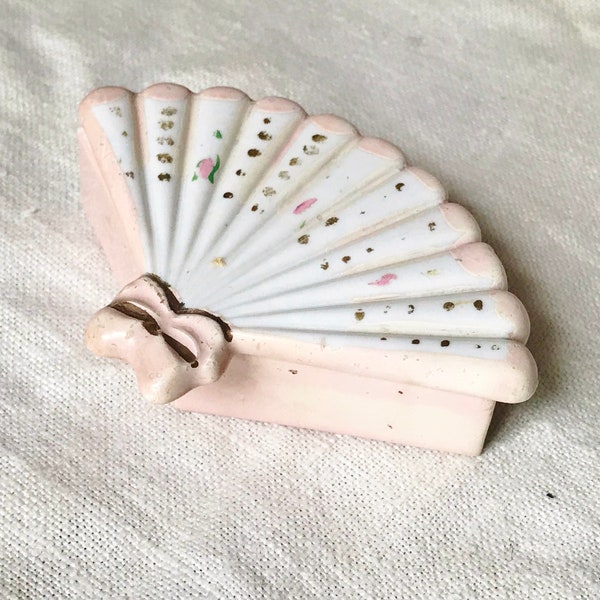 ELFINWARE FAN-SHAPED BoX, ViNTAGE PorCeLain Keepsake box, trinket memento box, hand painted Pink Fan small box,  wedding ring box