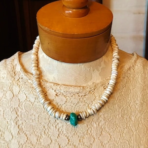 Vintage Puka Shell Necklace: Turquoise Nugget, Sterling Silver Beads, 1970s Beach Jewelry